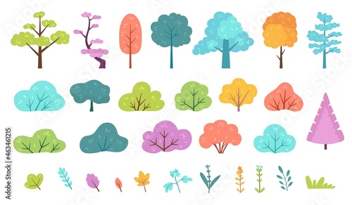 Flat minimal bush, shrub, tree, grass, wild plant and flower. Cartoon forest, meadow, park or garden, spring landscape elements vector set