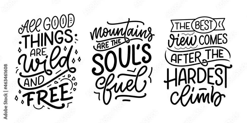 Set with quotes about mountains. Lettering slogans. Motivational phrases for print design. Vector illustration