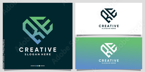 Creative monogram logo design initial letter RE with line art and diamond concept