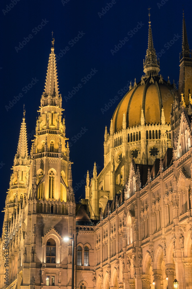 Architectural details of the illuminated Hungarian Parliament at night