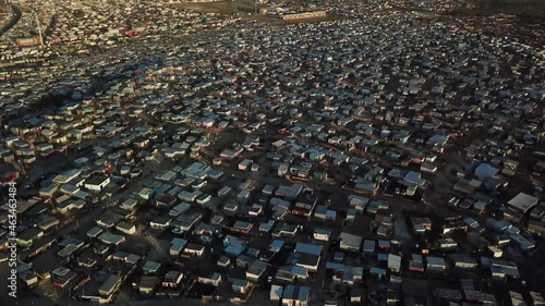 Township, South Africa, cinematic aerial drone video, Informal settlement Khayelitsha, Cape Town, South Africa