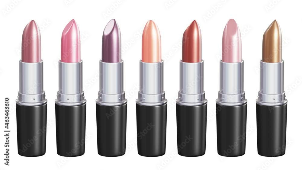Realistic looping 3D animation of the spinning best nude colors shiny lipsticks set rendered in UHD with alpha matte Realistic looping 3D animation of the spinning best nude colors shiny lipsticks set rendered in UHD with alpha matte