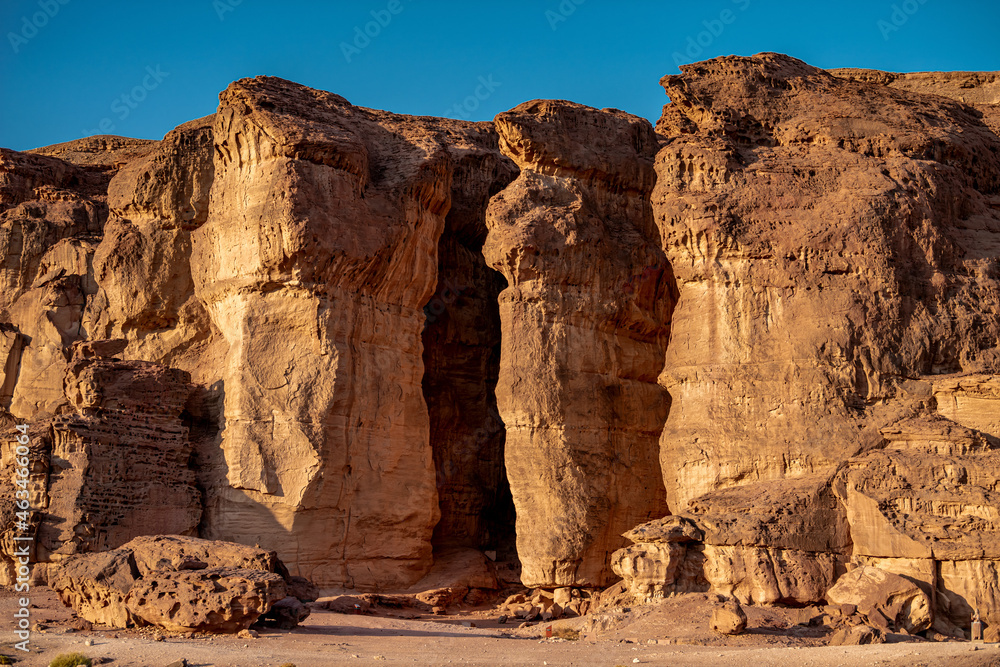 View of the Solomon Pillars in Timna Park near Eilat, Arava Valley. Israel. 