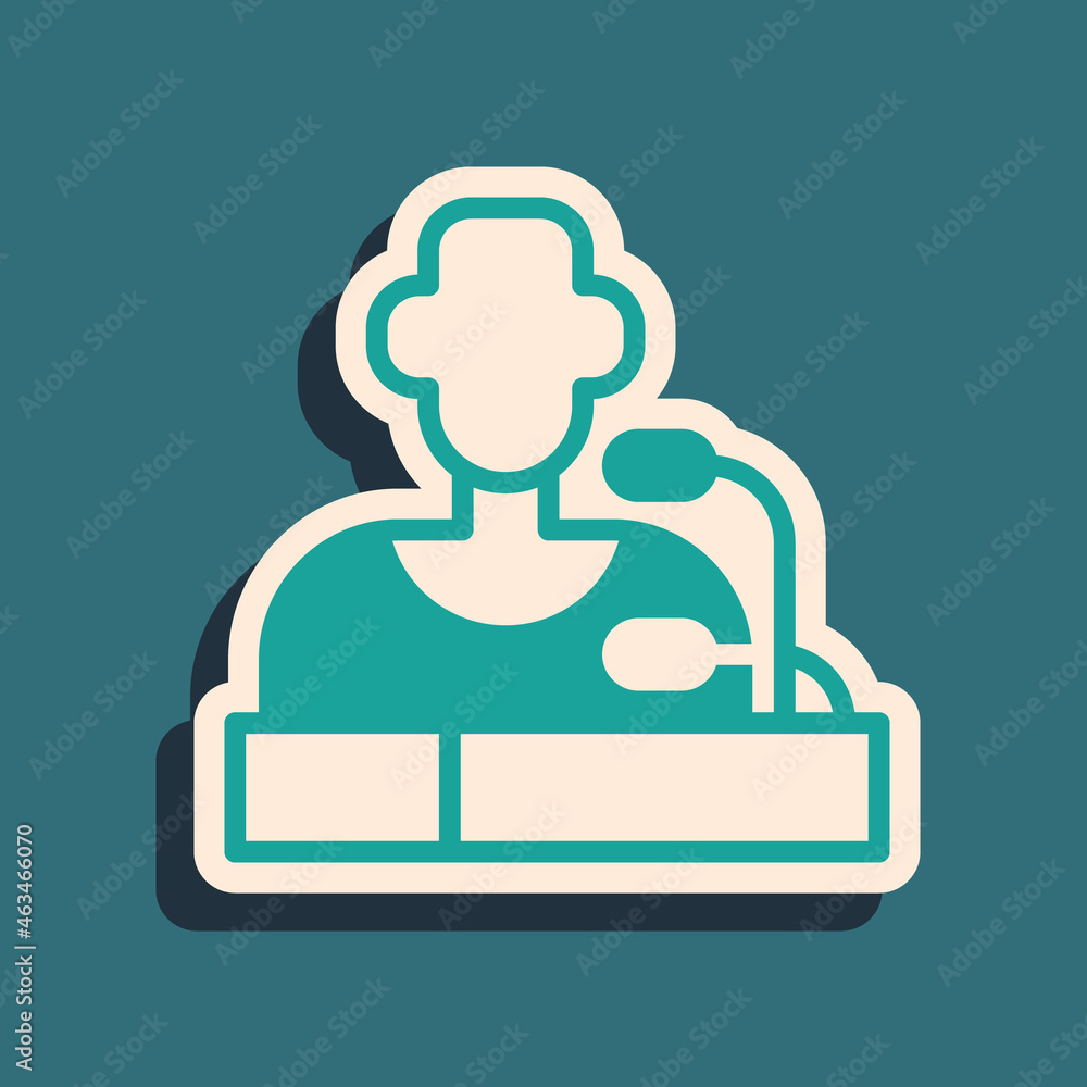 Green Football player press conference icon isolated on green background. Long shadow style. Vector Green Football player press conference icon isolated on green background. Long shadow style. Vector