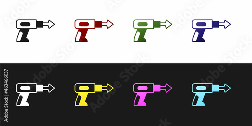Set Fishing harpoon icon isolated on black and white background. Fishery manufacturers for catching fish under water. Diving underwater equipment. Vector
