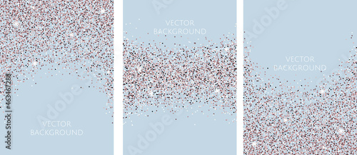 Set of vector abstract backgrounds with falling sparkle rose gold glitter.