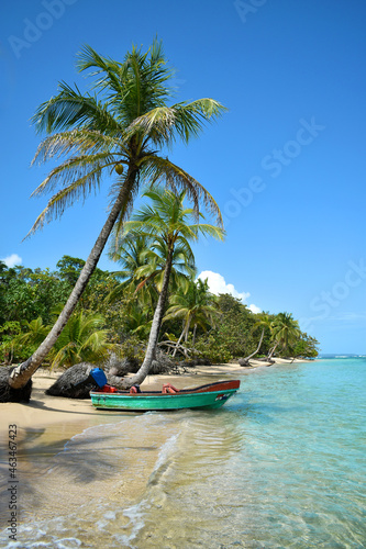 Wild tropical beach with coconut trees and other vegetation, white sand beach with boat, Caribbean Sea, Panama