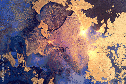 Gold, purple and indigo blue abstract alcohol ink marble texture. Vector shining background with natural pattern and glitter. Template for banner, poster design. Fluid art painting
