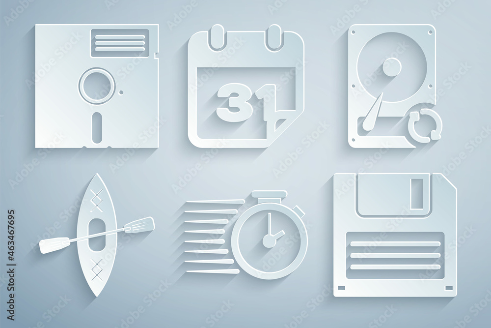 Set Stopwatch, Hard disk drive HDD sync refresh, Kayak and paddle, Floppy, Calendar and in the 5.25-inch icon. Vector Set Stopwatch, Hard disk drive HDD sync refresh, Kayak and paddle, Floppy, Calendar and in the 5.25-inch icon. Vector