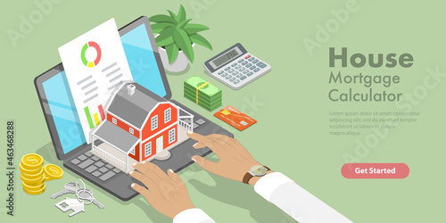 3D Isometric Flat Vector Conceptual Illustration of House Mortgage Calculator, Investing Money in Real Estate Property