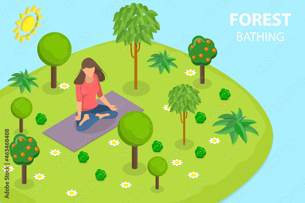 3D Isometric Flat Vector Conceptual Illustration of Forest Bathing, Recreational Ecotherapy Process
