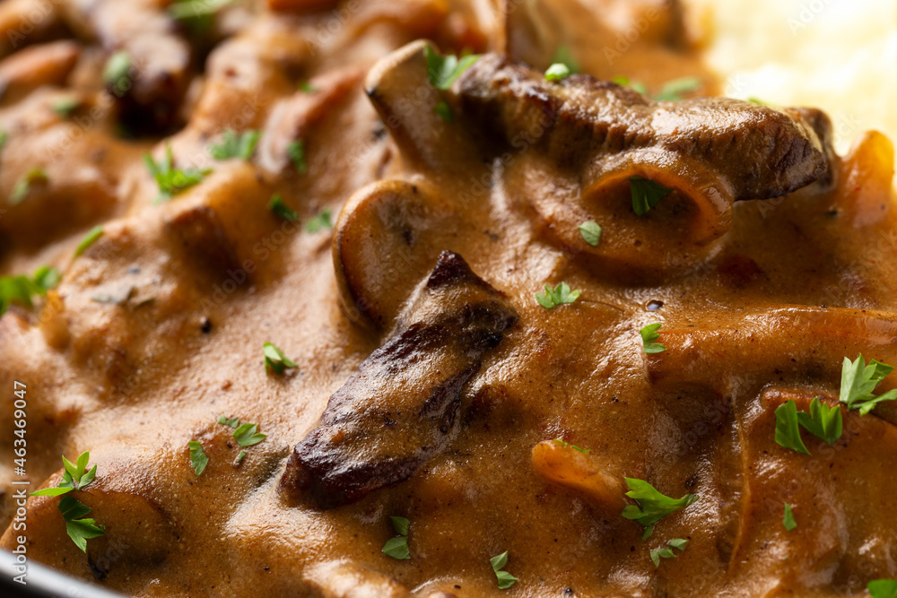 Beef Stroganoff with mushrooms and mashed potatoes.