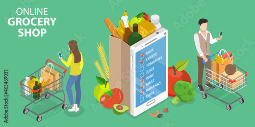 3D Isometric Flat Vector Conceptual Illustration of Online Grocery Shop, Order and Delivery in Online Supermarket