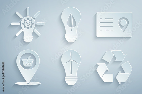 Set Light bulb with wind turbine, Address book, Location shopping basket, Recycle symbol, leaf and gear icon. Vector