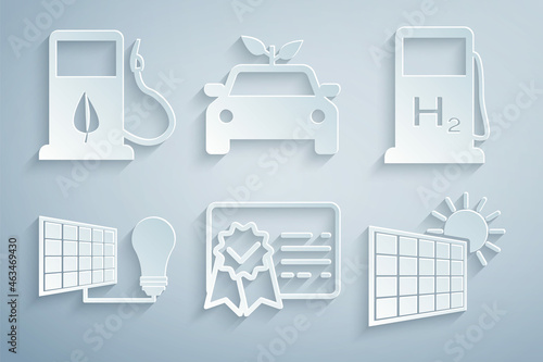Set Certificate template, Hydrogen filling station, Solar energy panel and light bulb, sun, Eco car concept drive and Bio fuel with fueling nozzle icon. Vector