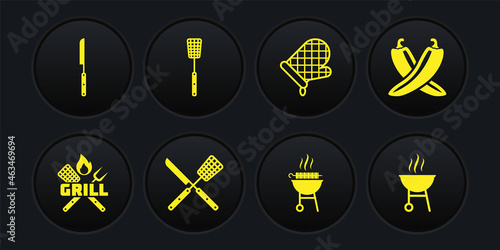 Set Crossed fork and spatula, hot chili pepper pod, knife, Barbecue grilled shish kebab, Oven glove, and icon. Vector