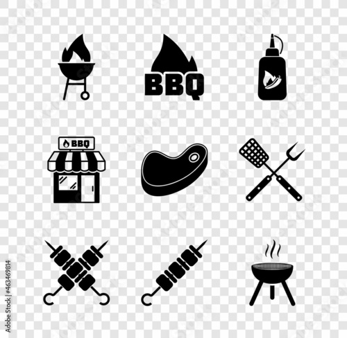 Set Barbecue grill, fire flame, Ketchup bottle, Grilled shish kebab, shopping building and Steak meat icon. Vector