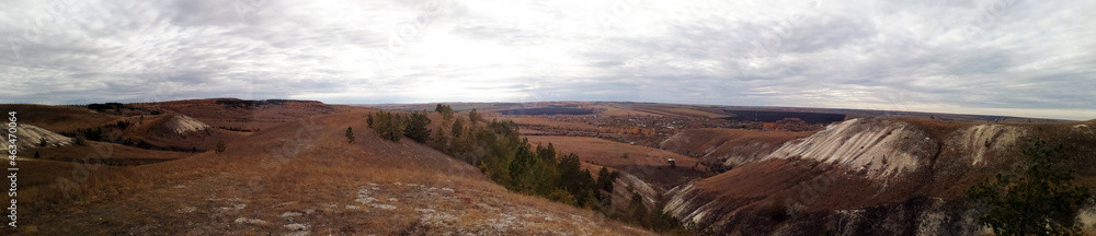 Photo panorama of the landscape of the chalk mountains