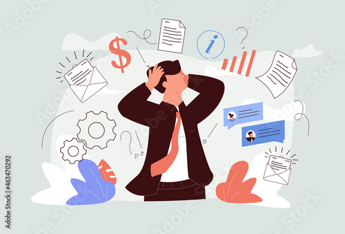 Information overload or job burnout with stress and chaos tiny person concept. Busy businessman with panic about duties.