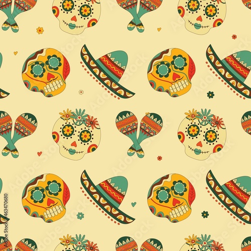Seamless pattern with sugar skull decorated by design elements and colorful floral ornament on a light background. Mexican national holiday Day of the dead. Festive template for Dia de los muertos