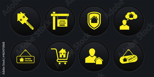 Set Hanging sign with Open house, Man dreaming about buying, Shopping cart, Realtor, House under protection, Sold and key icon. Vector
