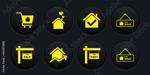 Set Hanging sign with For Sale, Rising cost of housing, Rent, House check mark, heart shape, and Shopping cart house icon. Vector