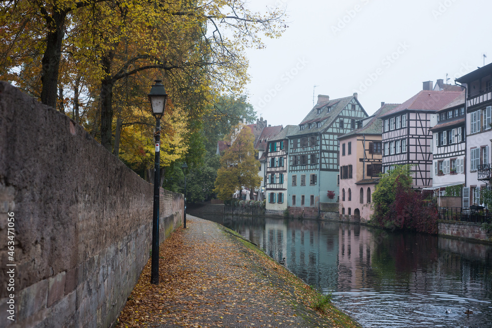 view of autumnal trees in border the Il river at the little france quarter in Strasbourg