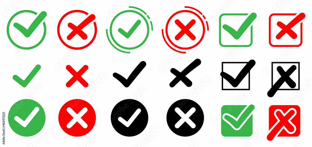 Checkmark icons set. A collection of web button variants: green checkmark and red cross. approved and rejected stamp. Many options, Vector validation icons set