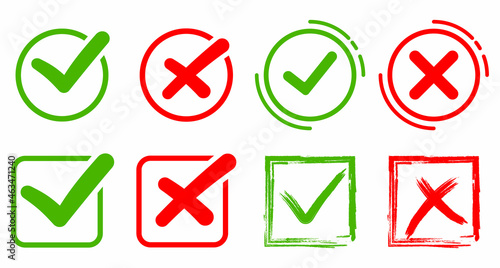 Checkmark icons set. A collection of web button variants: green checkmark and red cross. approved and rejected stamp. Many options, Vector validation icons set