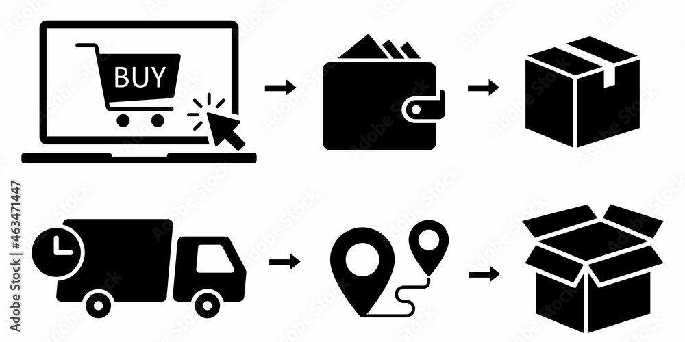 Click and collect order, vector icons set, online order, delivery truck, delivery service steps, pick up order at pickup point, payment, rating icon, rating review, flat illustration - obrazy, fototapety, plakaty 