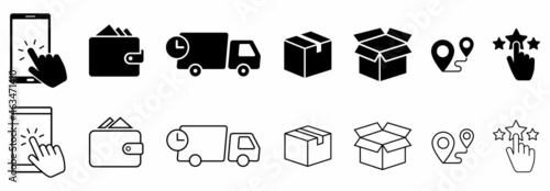 Click and collect order, vector icons set, online order, delivery truck, delivery service steps, pick up order at pickup point, payment, rating icon, rating review, flat illustration photo