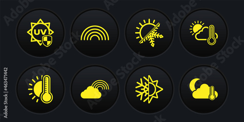 Set Thermometer with sun, and cloud,, Rainbow, Sun snowflake, moon and UV protection icon. Vector