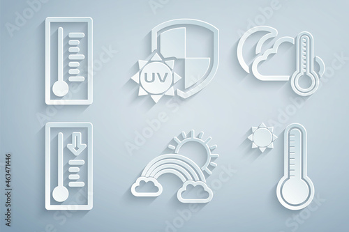 Set Rainbow with clouds and sun, Thermometer cloud, moon, Meteorology thermometer, UV protection and icon. Vector