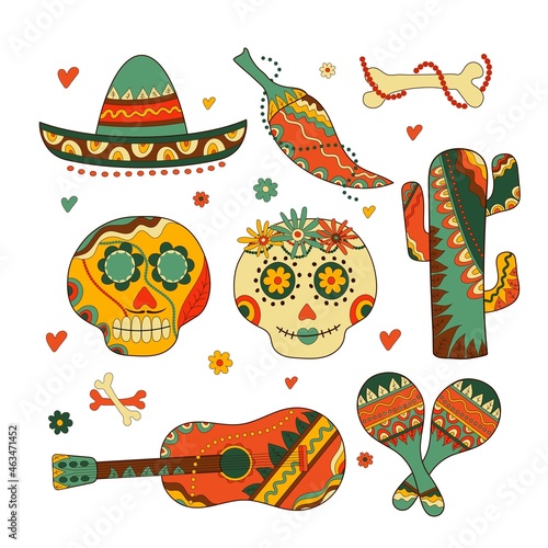 Sugar skulls, cactus, Mexican hat, pepper, bones, maracas, ukulele decorated by design elements and colorful floral ornament. Mexican national holiday Day of the dead. Festive banner templates for Dia