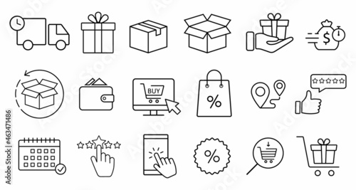 Click and collect order, vector line icons set, online order, delivery truck, delivery service steps, pick up order at pickup point, payment, rating icon, rating review, flat illustration