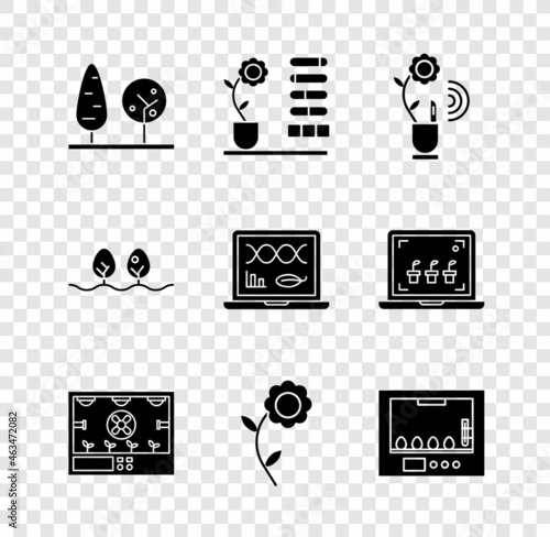 Set Trees, Flower status, Smart farming technology, Incubator for eggs, Plant and Genetic engineering modification icon. Vector