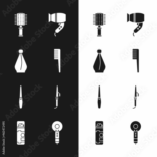 Set Hairbrush, Perfume, dryer, Nail file, Curling iron, and Shaving gel foam icon. Vector