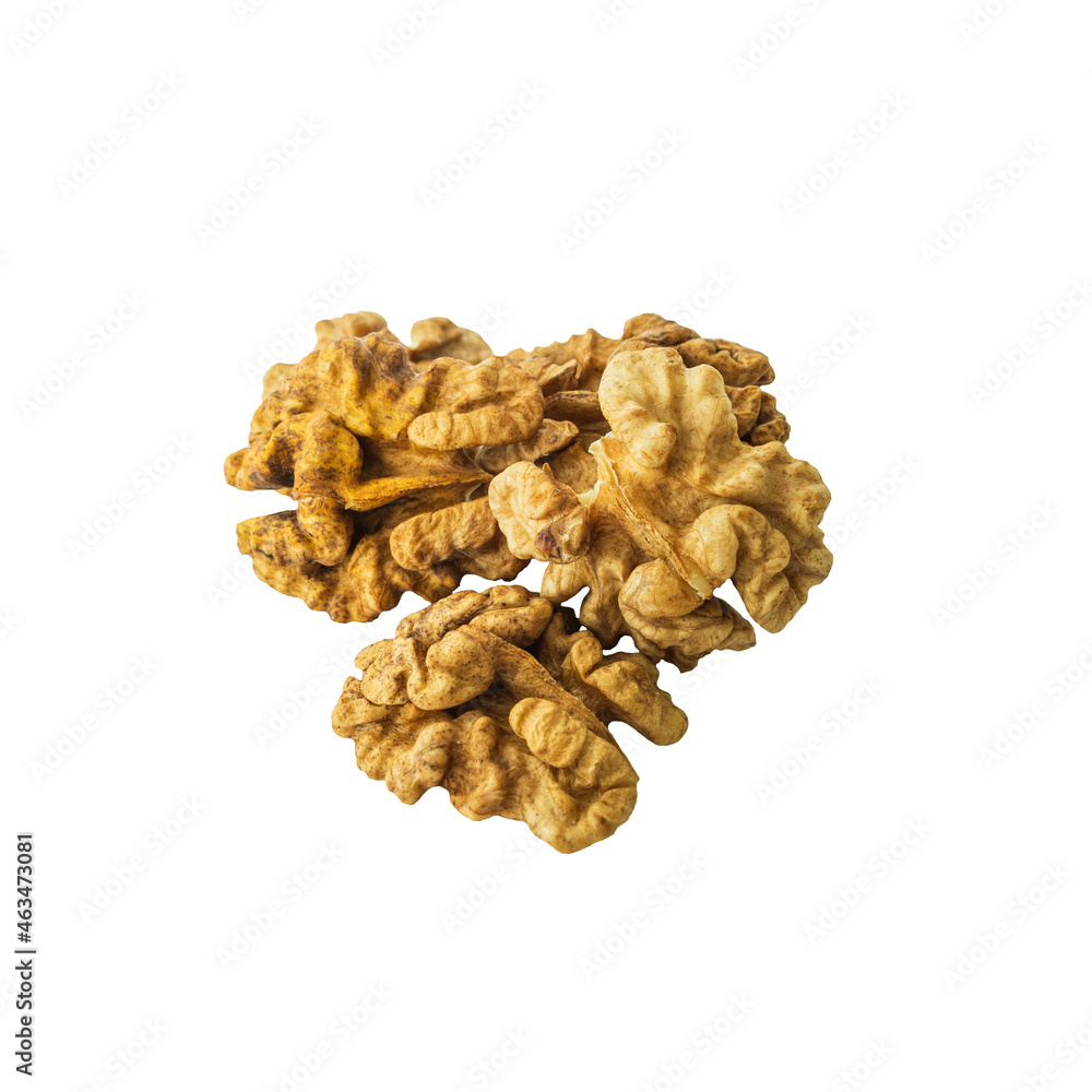 Top view of a handful of peeled walnuts isolated on a white background Top view of a handful of peeled walnuts isolated on a white background