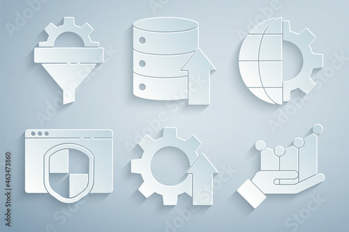 Set Arrow growth gear, Globe of the Earth and, Browser with shield, Pie chart infographic, Server, Data, Web Hosting and Sales funnel icon. Vector