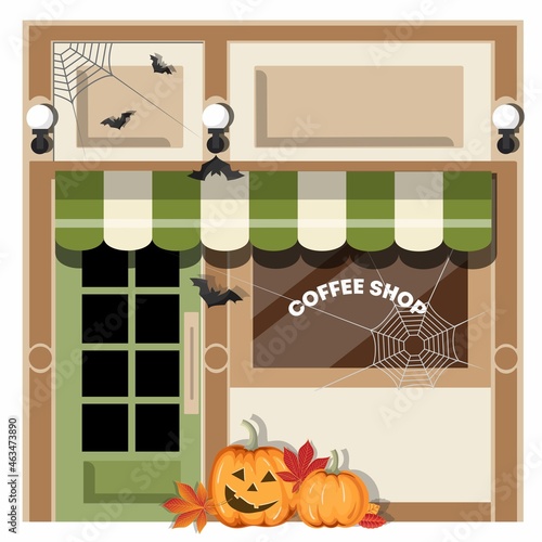The cafe's showcase is decorated with pumpkins for Halloween and Thanksgiving. Vector illustration.