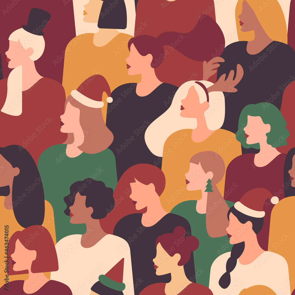 Vector christmas seamless pattern with women of different nationalities and cultures. Female diverse faces of different ethnicity. Vector christmas seamless pattern with women of different nationalities and cultures. Female diverse faces of different ethnicity.