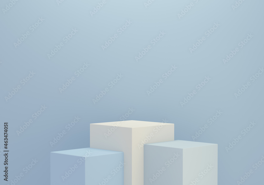 Minimalist podium winner cubes for product display on blue background. Minimalist podium winner cubes for product display on blue background.