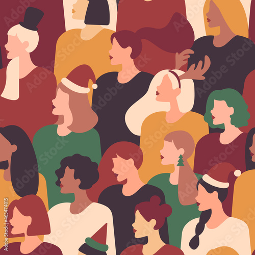 Vector christmas seamless pattern with women of different nationalities and cultures. Female diverse faces of different ethnicity.