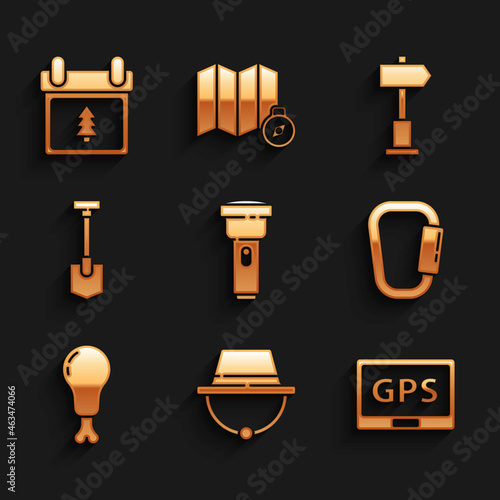 Set Flashlight, Camping hat, Gps device with map, Carabiner, Chicken leg, Shovel, Road traffic signpost and Calendar tree icon. Vector