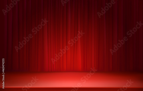 Illuminated stage with red curtains. 3D style realistic vector illustration