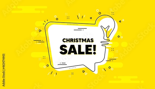 Christmas Sale text. Idea yellow chat bubble banner. Special offer price sign. Advertising Discounts symbol. Christmas sale chat message lightbulb. Idea light bulb background. Vector