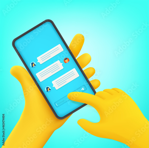 Man using smartphone to communicate with friends or collegues. Cartoon style vector illustration