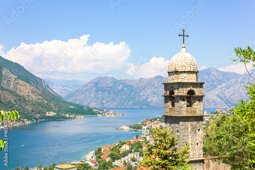 View on the old church and Kotor bay from above, Montenegro