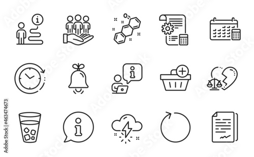 Business icons set. Included icon as Ice tea, Thunderstorm weather, Document signature signs. Time change, Settings blueprint, Divorce lawyer symbols. Calendar, Bell, Best buyers. Loop. Vector