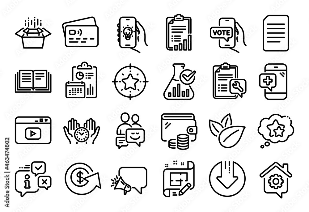 Vector set of Organic product, Medical phone and Download arrow line icons set. Calendar report, Money wallet and Credit card tag. Megaphone, Packing boxes and Ranking stars icons. Vector